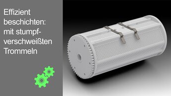 Galvanisiertrommel GALVA-HP mit Icon Zahnrad undText: Effizient beschichten mit stumpf verschweißten Galvanisiertrommeln | © Richard Tscherwitschke GmbH