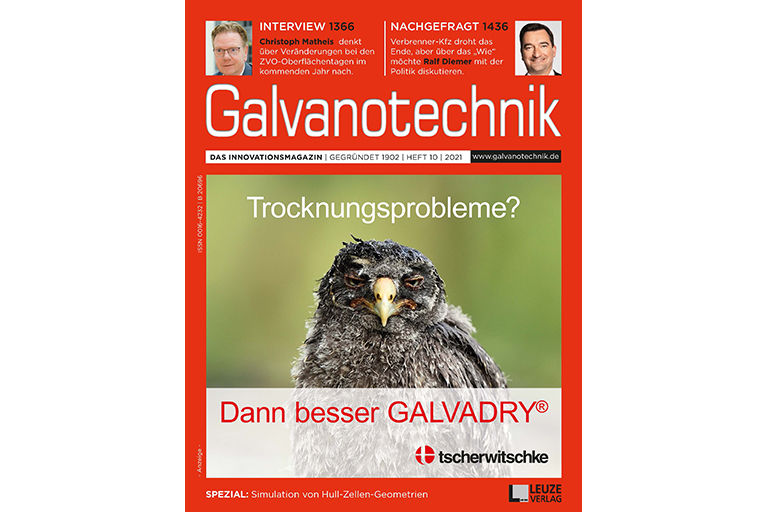Titel Galvanotechnik | © Richard Tscherwitschke GmbH Titelseite der Galvanotechnik Heft 10/2021 mit GALVADRY-Anzeige Motiv Eule | © Richard Tscherwitschke GmbH