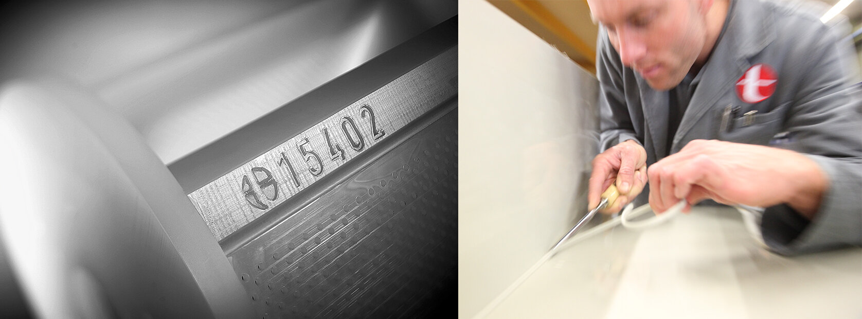 Unsere Philosophie | © Richard Tscherwitschke GmbH Links Galvanisiertrommel mit eingeprägter Tscherwitschke Nummer rechts Mitarbeiter in der Produktion arbeitet an einer Schweißnaht | © Richard Tscherwitschke GmbH