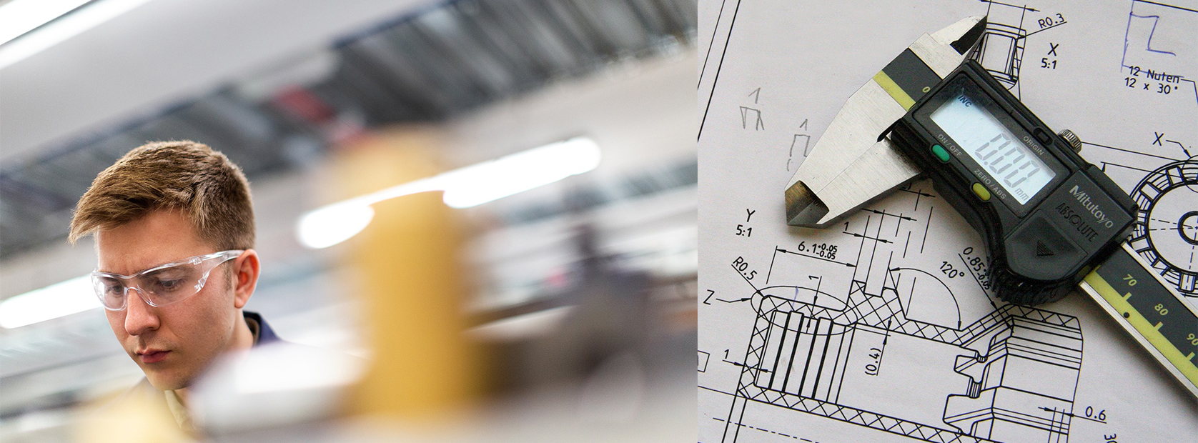 Ausbildung | © Richard Tscherwitschke GmbH links Auszubildender in einer Produktion rechts Technisches Werkzeug | © Richard Tscherwitschke GmbH