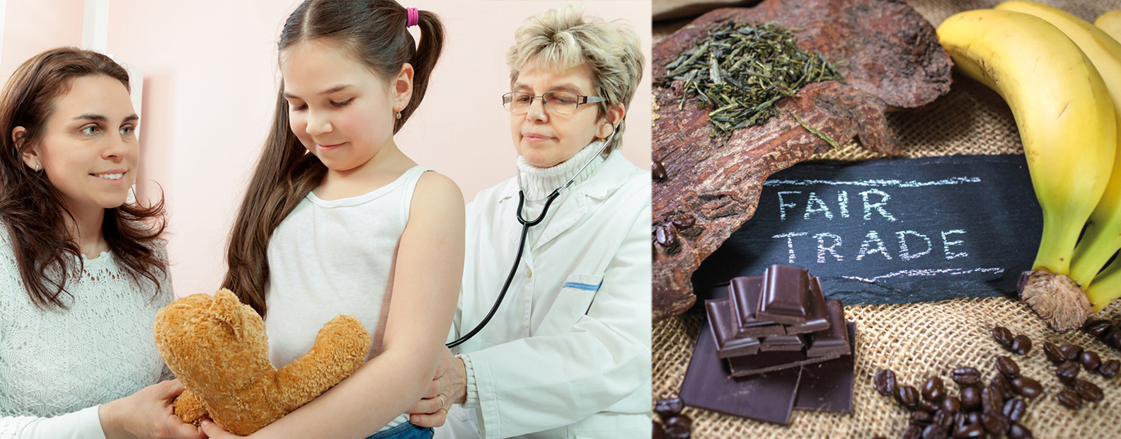 Soziale Verantwortung | © Richard Tscherwitschke GmbH Links eine Krankenhausszene mit Ärztin, Mutter und Kind, rechts ein Stilleben mit fair gehandelten Lebensmitteln | © Richard Tscherwitschke GmbH