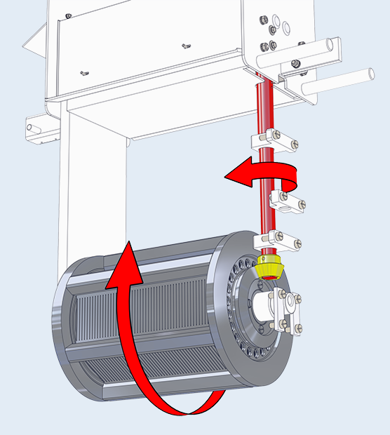 Grafik eines Galvanisieraggregats mit Trommel, die Funktionsweise des Kegelradantriebs wird anhand von Pfeilen in Drehrichtung dargestellt | © Richard Tscherwitschke GmbH