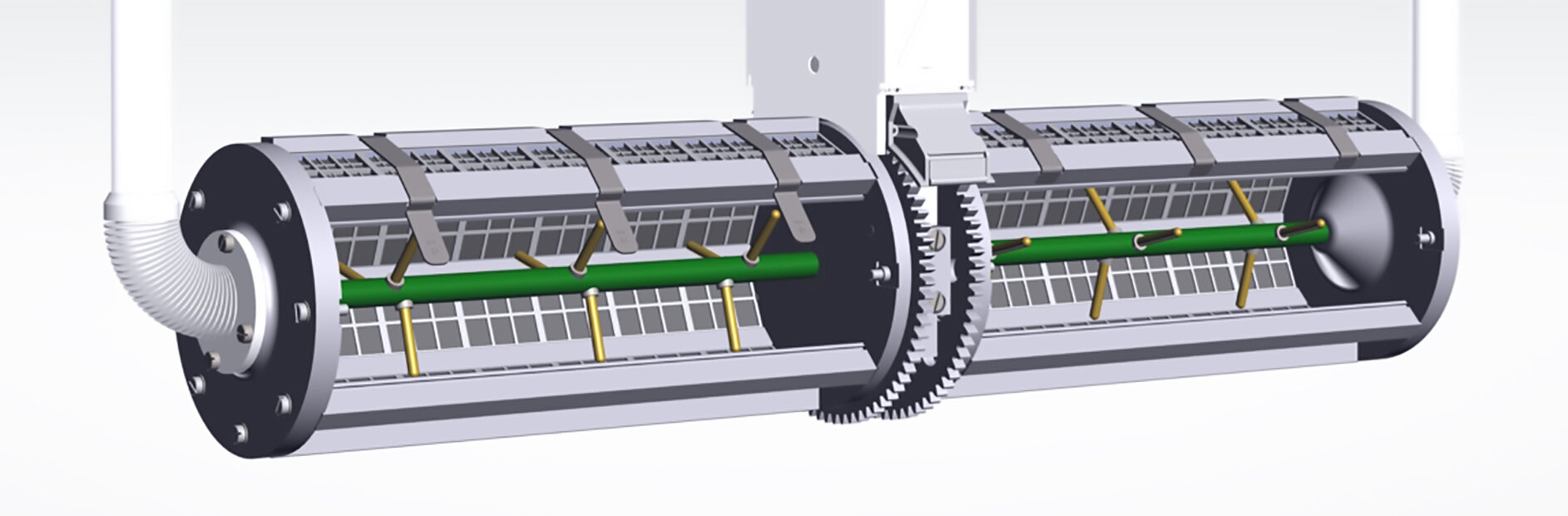 Rechenkontaktierung | © Richard Tscherwitschke GmbH Grafik eines Doppeltrommelaggregats mit zwei parallel angeordneten Galvanisiertrommeln, die über eine Rechenkontaktierung verfügen | © Richard Tscherwitschke GmbH